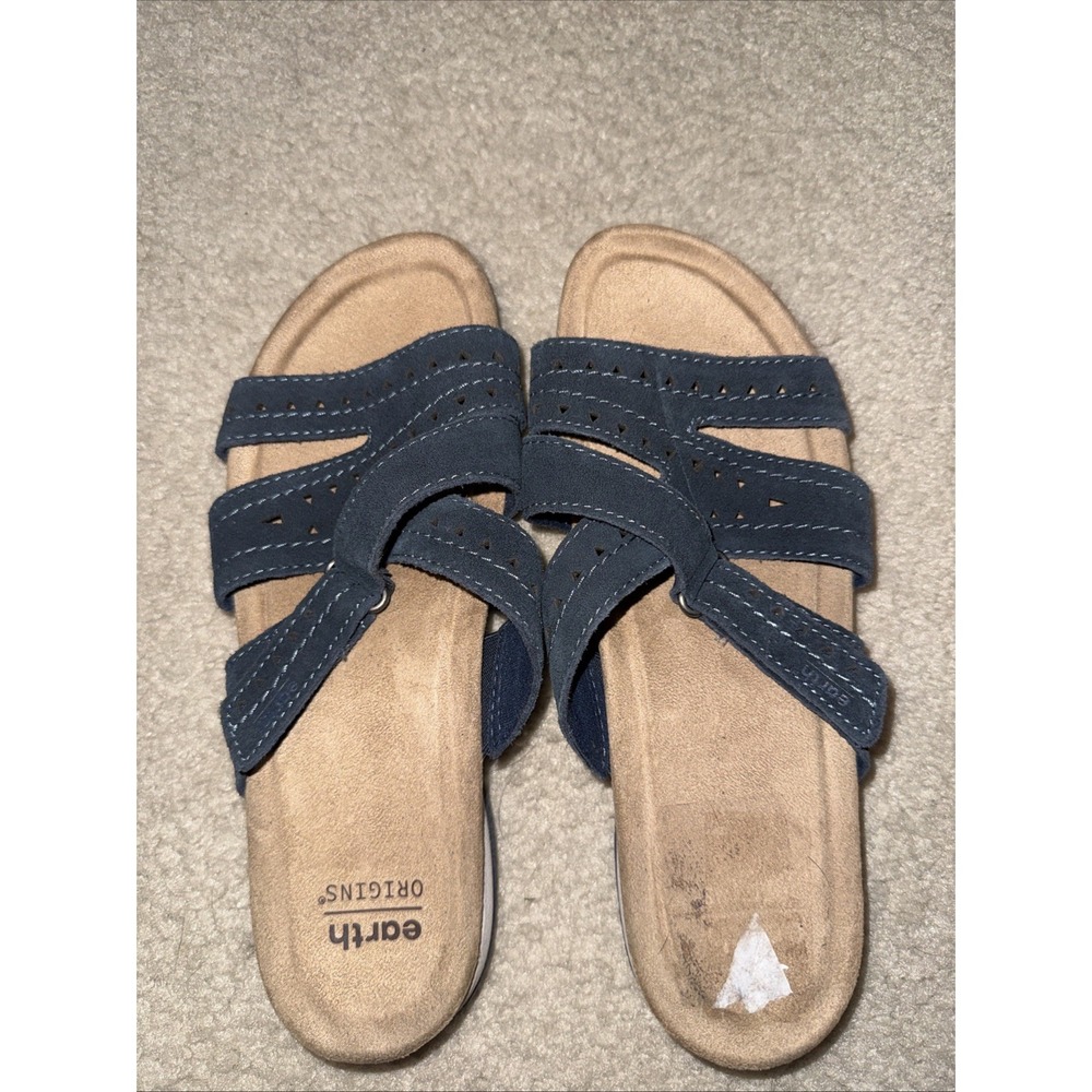 Earth Origins Etsuella Blue Leather Comfort Sandals 8W Wide Width Adjustable